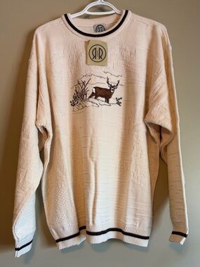 NWT Vintage 90’a Deadstock R&R Sportswear Stag Embroidered Textured Knit Crew